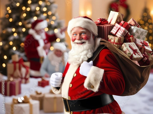 Obraz happy santa claus with gift boxes