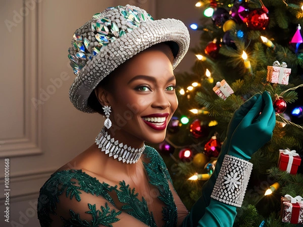 Obraz portrait of a woman in front of christmas tree