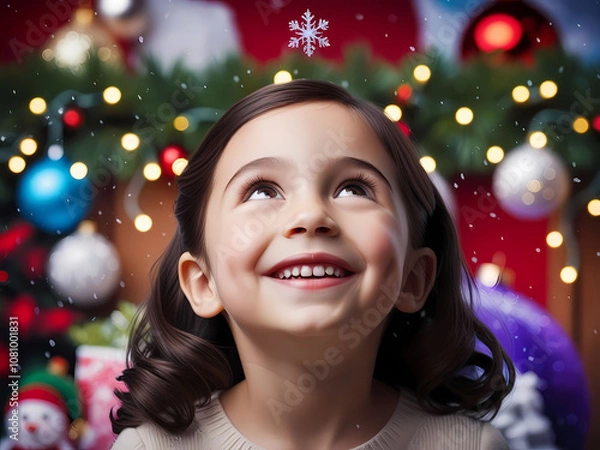 Obraz Girl is watching snowflake falling down