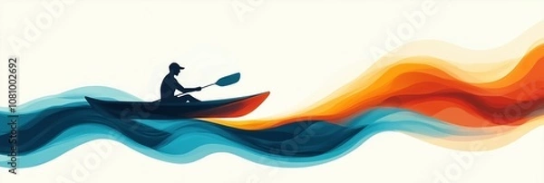 Obraz Silhouette of man paddling kayak across vibrant waves in abstract style