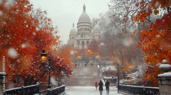 Fototapeta Parisian Winter Wonder: Snowy Sacré-Cœur Basilica and its Steps
