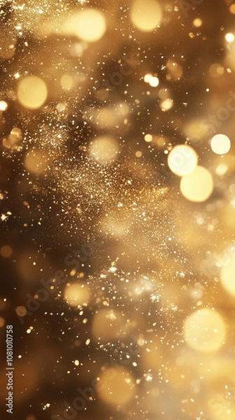 Obraz Abstract gold glitter texture and soft bokeh, background with golden glowing sparkles for New Year or Christmas Eve postcard with copy space for text, Shimmering gold background