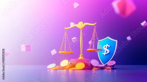 Fototapeta  Scales with coins and shield symbolizing financial security