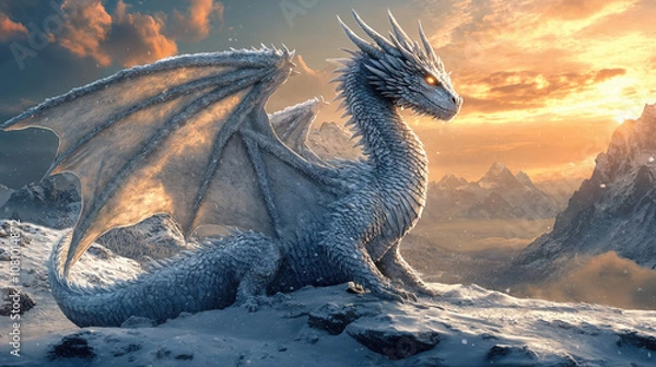 Obraz Ai generated illustration with a majestic white dragon on the top of a mountain looking down to a snowy valley 