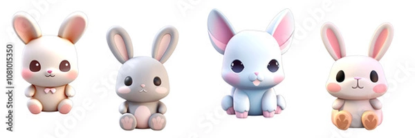 Fototapeta 3D cartoon rabbits of various breeds on a transparent background.