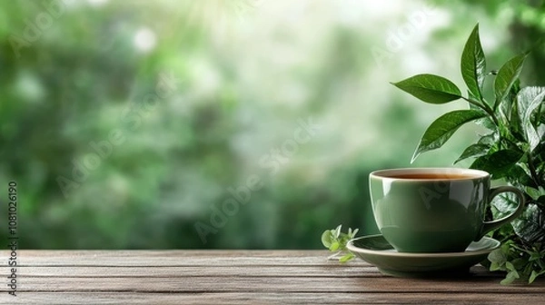 Fototapeta A lush vista featuring a green cup of tea sitting on a patio table, immersed in greenery with leaves arching over the scene, offering tranquility and peace.