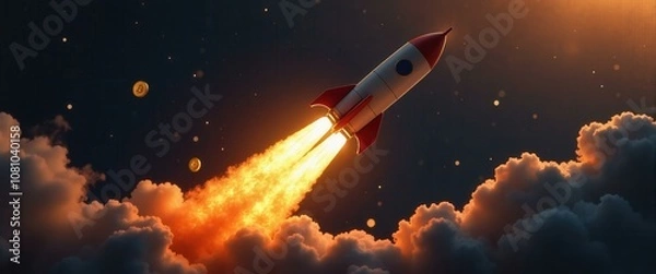 Obraz Bitcoin Rocket Launching Through the Clouds, Concept of Cryptocurrency Success and Growth.