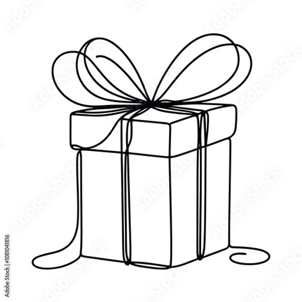 Fototapeta Christmas Present box with ribbon and bow. Continuous one line vector illustration. Wrapped surprise package