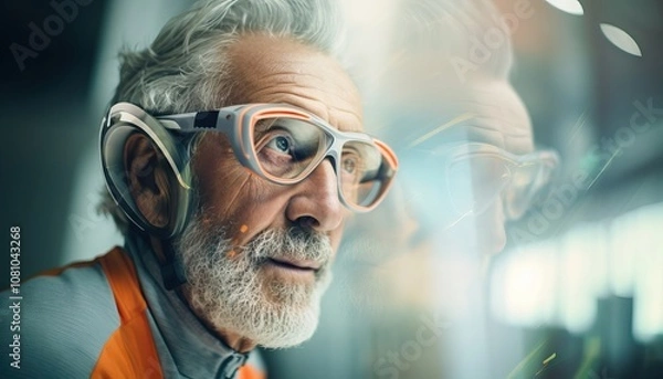 Obraz Old man with technology headphones and orange vest (AI generated)