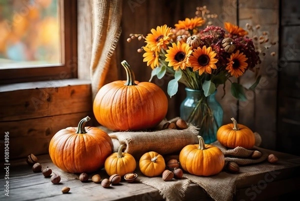 Fototapeta Bunch of pumpkins on a table, Ai generated