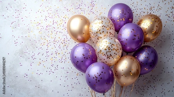 Fototapeta A vibrant arrangement of purple, golden, and white balloons adorned with confetti, perfect for celebrations and events. The background is textured and soft.