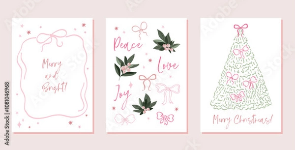 Fototapeta Elegant Christmas tree with a bow greeting card set, collection. Ribbons and bows design, poster in whimsical hand drawn vector style, magical Christmas atmosphere invitation