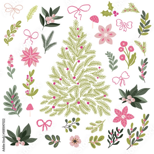 Obraz Big set of Christmas clipart and vector elements in cute children modern scandinavian style, candy pink and traditional green tree, floral decorations, ribbons, bows, christmas florals.