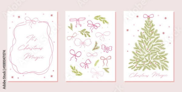 Fototapeta Elegant Christmas tree with a bow greeting card set, collection. Ribbons and bows design, poster in whimsical hand drawn vector style, magical Christmas atmosphere invitation