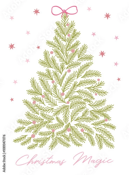 Obraz Elegant Christmas tree with a bow greeting card design, poster in whimsical hand drawn vector style, magical Christmas atmosphere invitation template