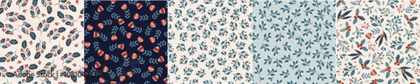 Fototapeta Floral seamless pattern design, hand drawn set of digital paper, wallpaper, reapeating vector background with elegant cute flowers and floral branches.
