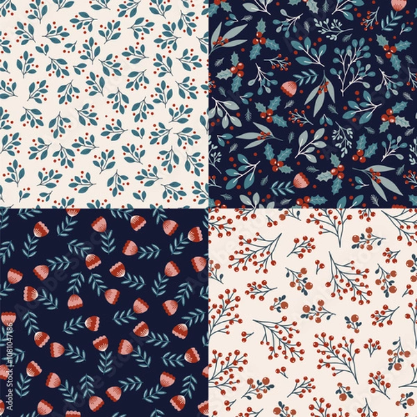Obraz Floral seamless pattern design, hand drawn set of digital paper, wallpaper, reapeating vector background with elegant cute flowers and floral branches.