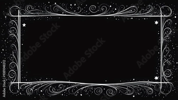 Fototapeta Cute black and white swirls with stars border frame on black background