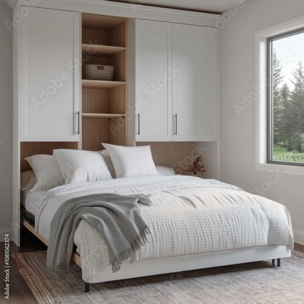 Fototapeta Bedroom interior decor space-saving Concept.Modern bedroom featuring a cozy bed, white cabinetry, and natural light from a window, creating a serene and inviting atmosphere.