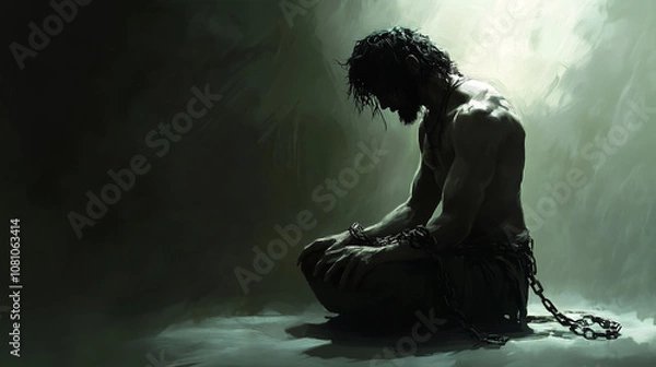 Obraz Samson Kneels in Prayer, Bound by Chains in a Dimly Lit Chamber