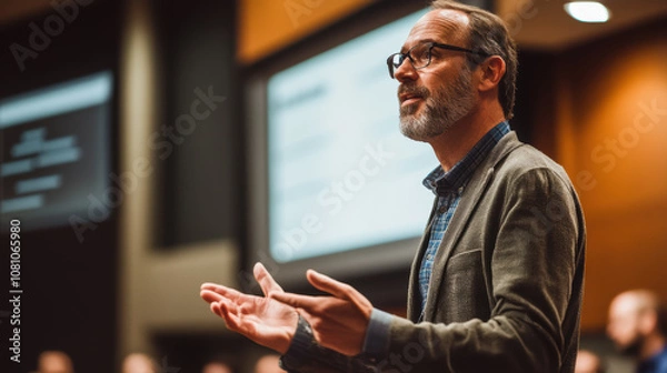 Fototapeta A confident speaker gestures expressively while presenting to an engaged audience, conveying passion and authority within a modern conference setting.