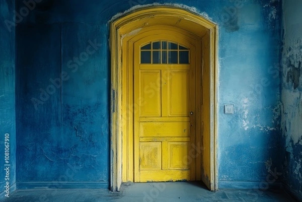 Fototapeta A bright yellow door stands out against a deep blue wall, offering a glimpse of a new world.  The door's aged wood and simple design suggest a history waiting to be discovered, contrasting with the sm