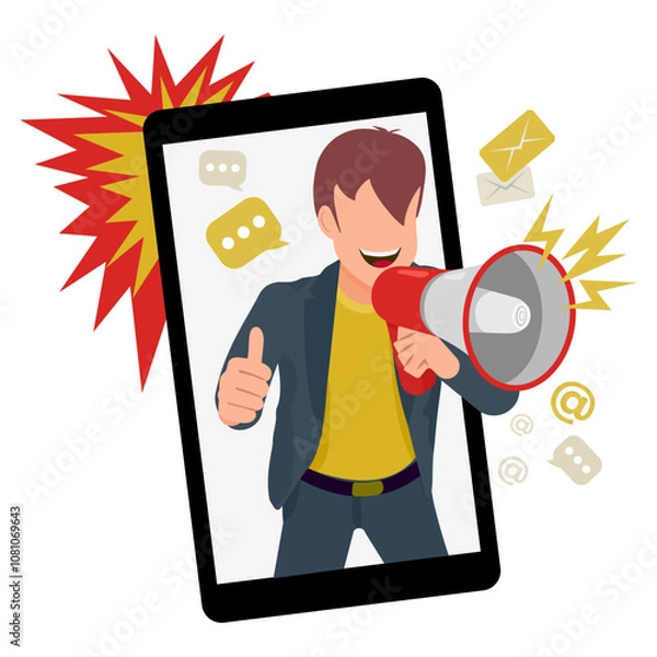 Obraz Influence marketing.  Blogger broadcasts marketing ads using a megaphone. Influencers.