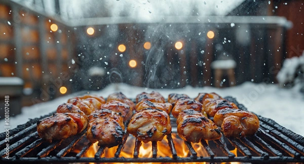 Fototapeta  barbecue/ bbq meat/ chicken  on a grill in the garden in winter with snow in the background