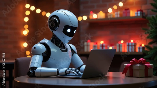 Fototapeta White robot sits at table and works on laptop