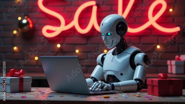 Fototapeta White robot sits at table and works on laptop