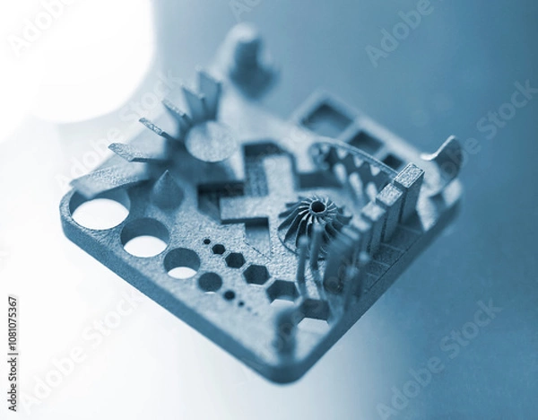 Fototapeta Object printed on 3D printer from metal powder using Metal Jet technology. High detailed detailing parts. Metal Jet. 3D-printed metal parts. Modern 3D printing, additive manufacturing technologies