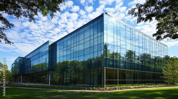Fototapeta A modern glass building with a blue sky and green trees reflecting in its windows. The building symbolizes innovation, progress, transparency, sustainability, and growth.