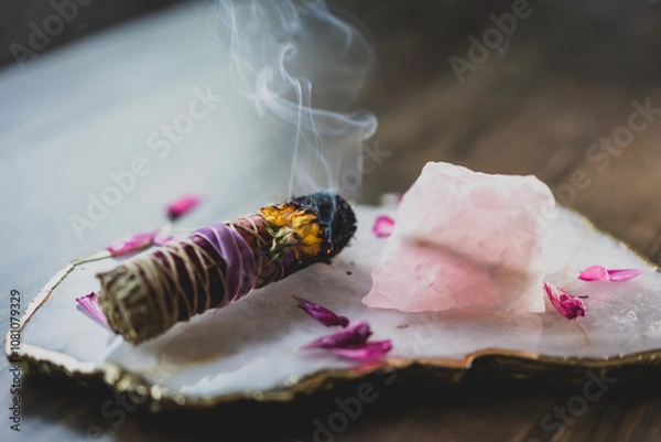 Obraz burning sage stick on crystal tray on wood table