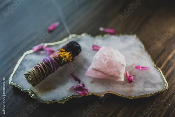 Obraz burning sage smudge stick on table with crystals and flower petals