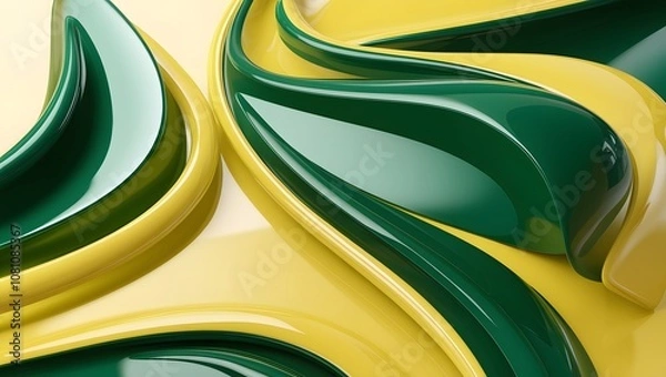 Obraz Abstract green and yellow glossy shapes flowing and overlapping in a dynamic wave-like pattern, creating a vibrant, modern background perfect for branding or digital design projects