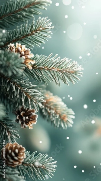 Fototapeta Pastel green christmas background with bokeh and pine branch frame