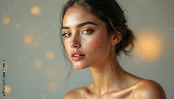 Fototapeta Elegant young woman with soft features, illuminated by subtle bokeh lights, creating a dreamy and graceful portrait.