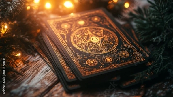 Fototapeta Enigmatic Tarot Cards Deck on Rustic Table