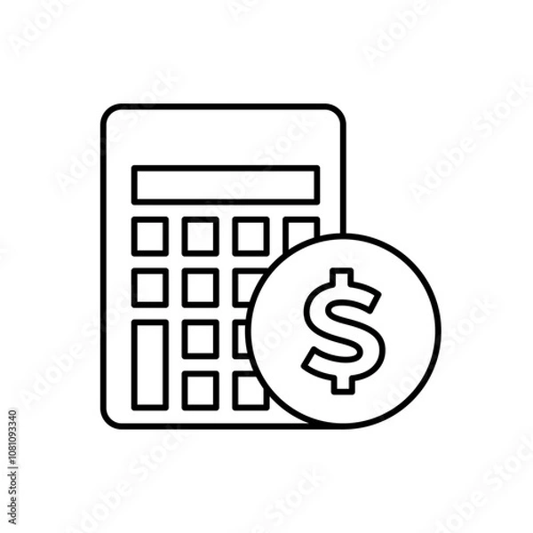 Fototapeta Calculator with dollar sign vector icon. Concept of capital savings calculations. Single outline black icon. On white background. Can be used for any platform. Action promotion and advertising ui, ux.