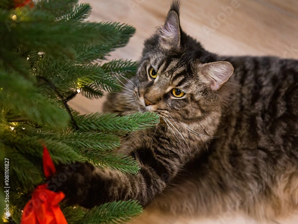 Obraz Maine coon cat playing with christmas tree decorations