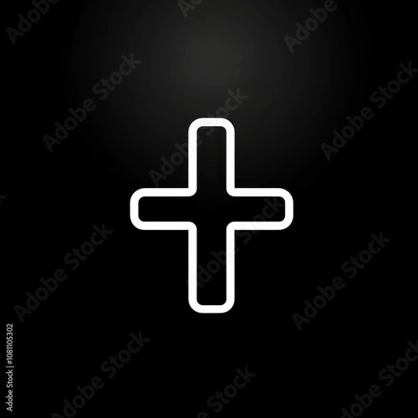 Fototapeta White plus sign on black background, minimalist design.