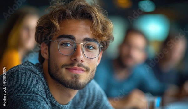 Obraz Young Man in Glasses Looking at Camera