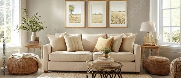Fototapeta A living room with a couch, coffee table, and two poufs