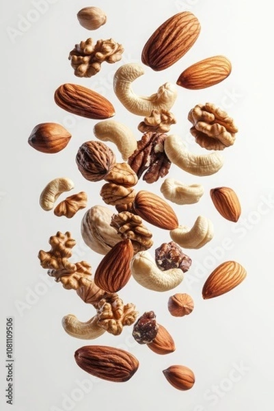 Fototapeta Assorted nuts floating in air with almonds and cashews for healthy eating concepts