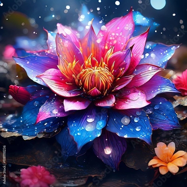 Fototapeta Radiant floral artwork with bold colors, fluid shapes. Conveys sense of joy, inspiration. For web design, print, artistic collaboration, digital art collection, website, poster, greeting card, print.