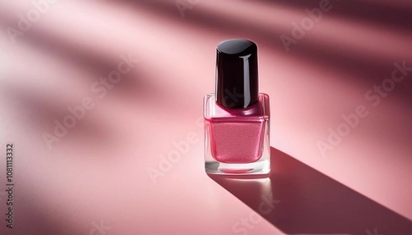 Fototapeta a bottle of pink nail polish sits on a pink surface awaiting use
