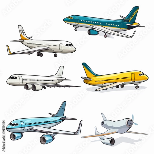 Fototapeta Collection of Various Airplanes on White Background