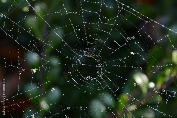 Fototapeta Dew Covered Spider Web on Green