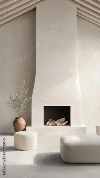 Fototapeta Minimalist living room with a sleek fireplace and neutral decor, AI