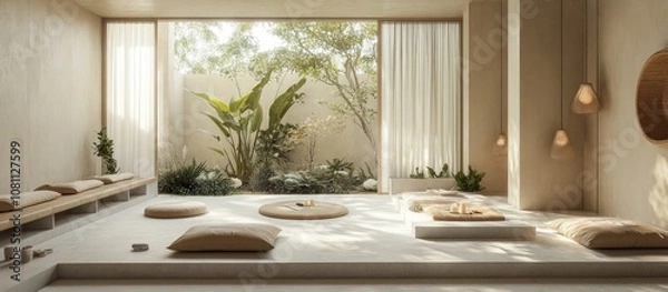 Fototapeta Minimalist Zen room with large windows overlooking a lush garden, featuring a wooden bench, cushions, and a round table.